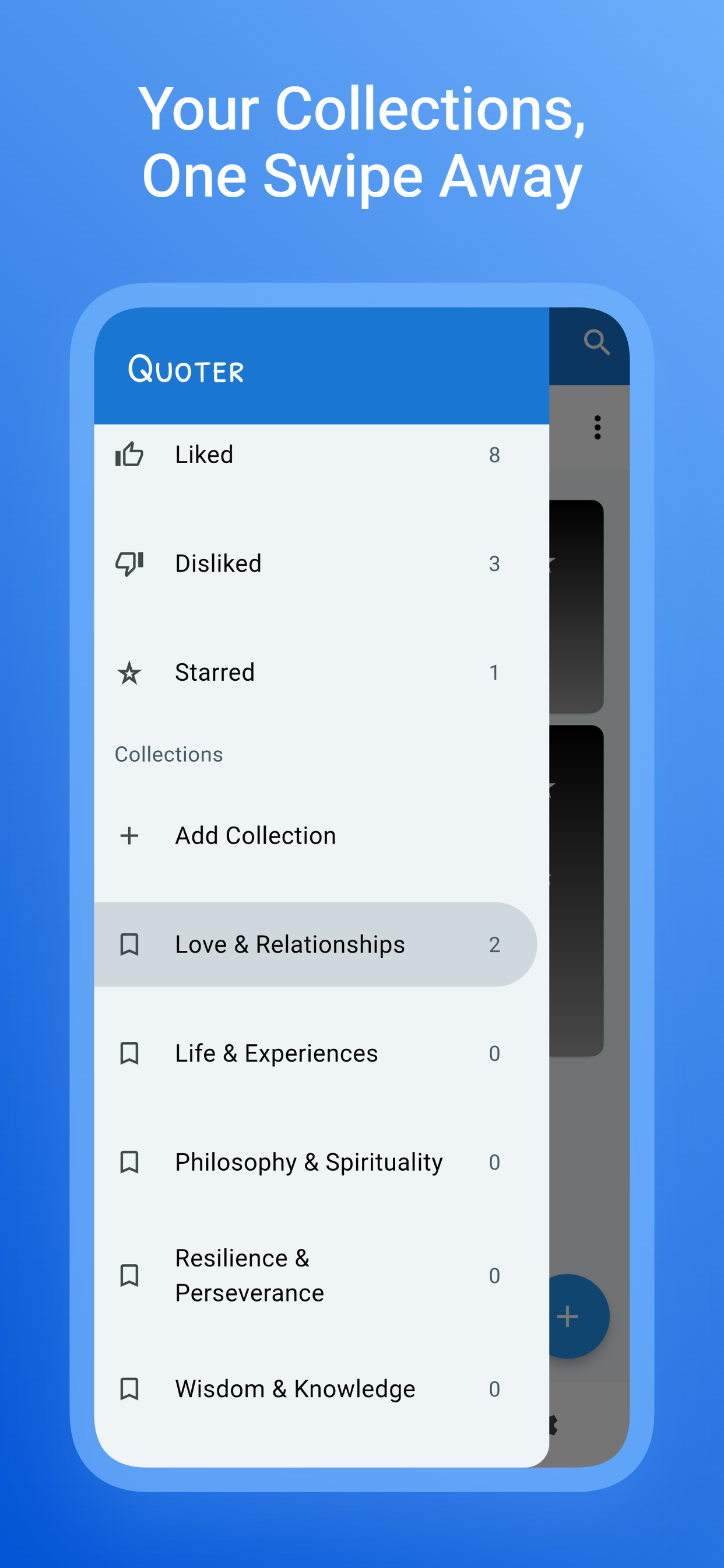 Quoter collections menu showing liked, disliked, starred, and named collections